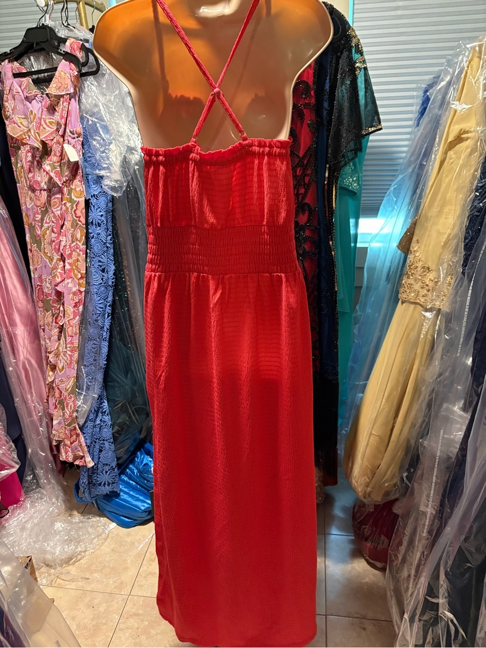 Michael Kors Red Smocked Maxi Dress with Crisscross Straps - Picture 2 of 6